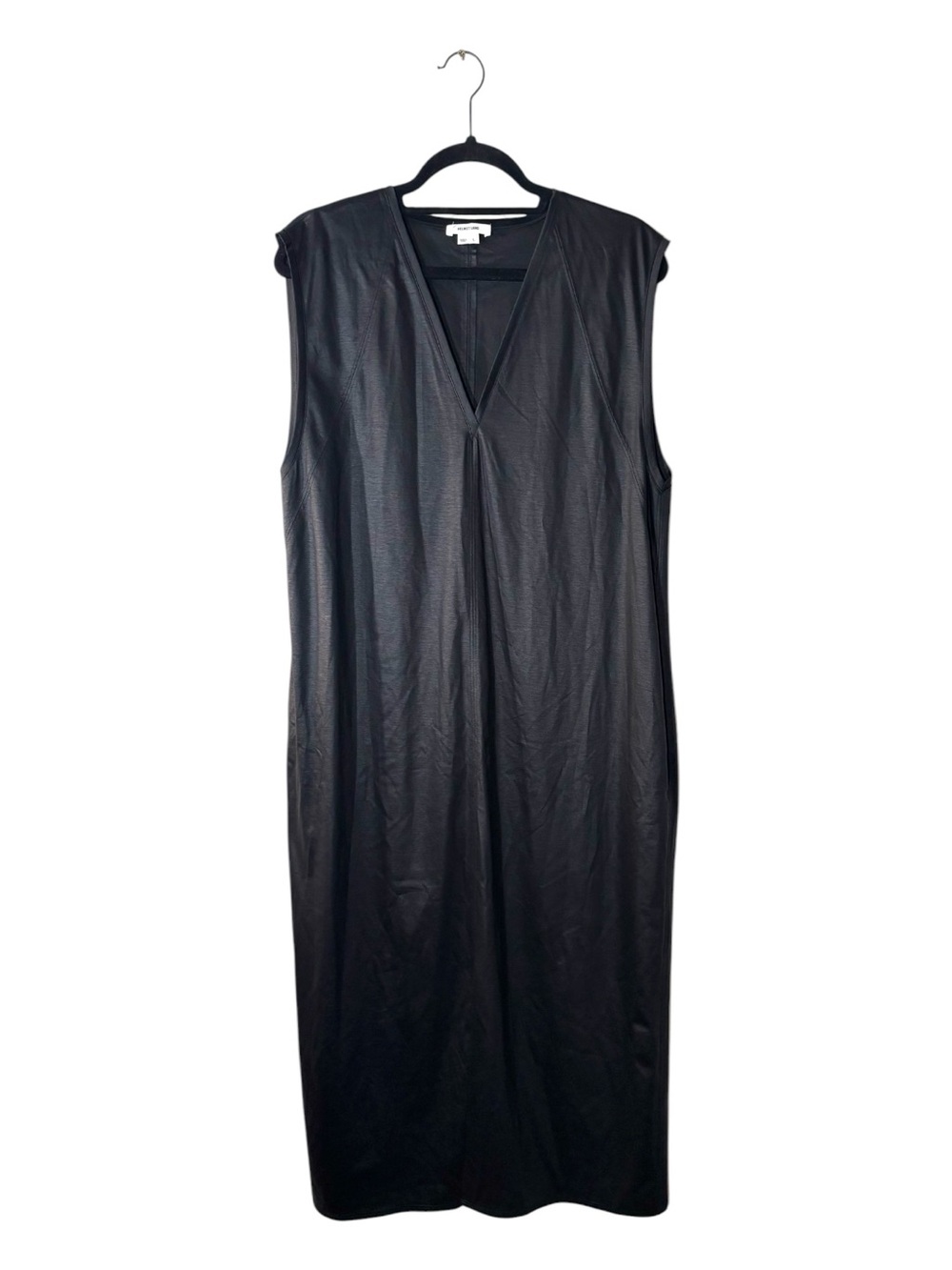 Helmut Lang Glossy Black Sleeveless Midi Dress Faux Leather Look Size Large